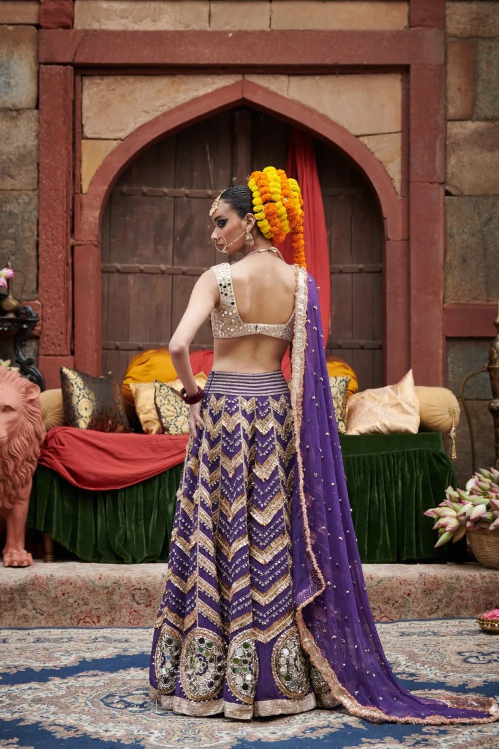 Purple Linen Mirror Embroidered Lehenga Set
