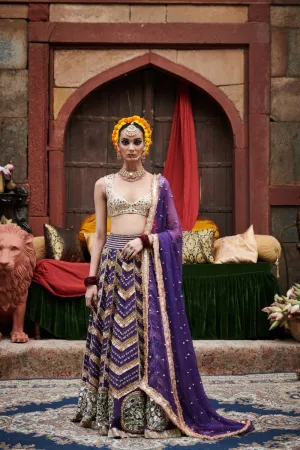 Purple Linen Mirror Embroidered Lehenga Set