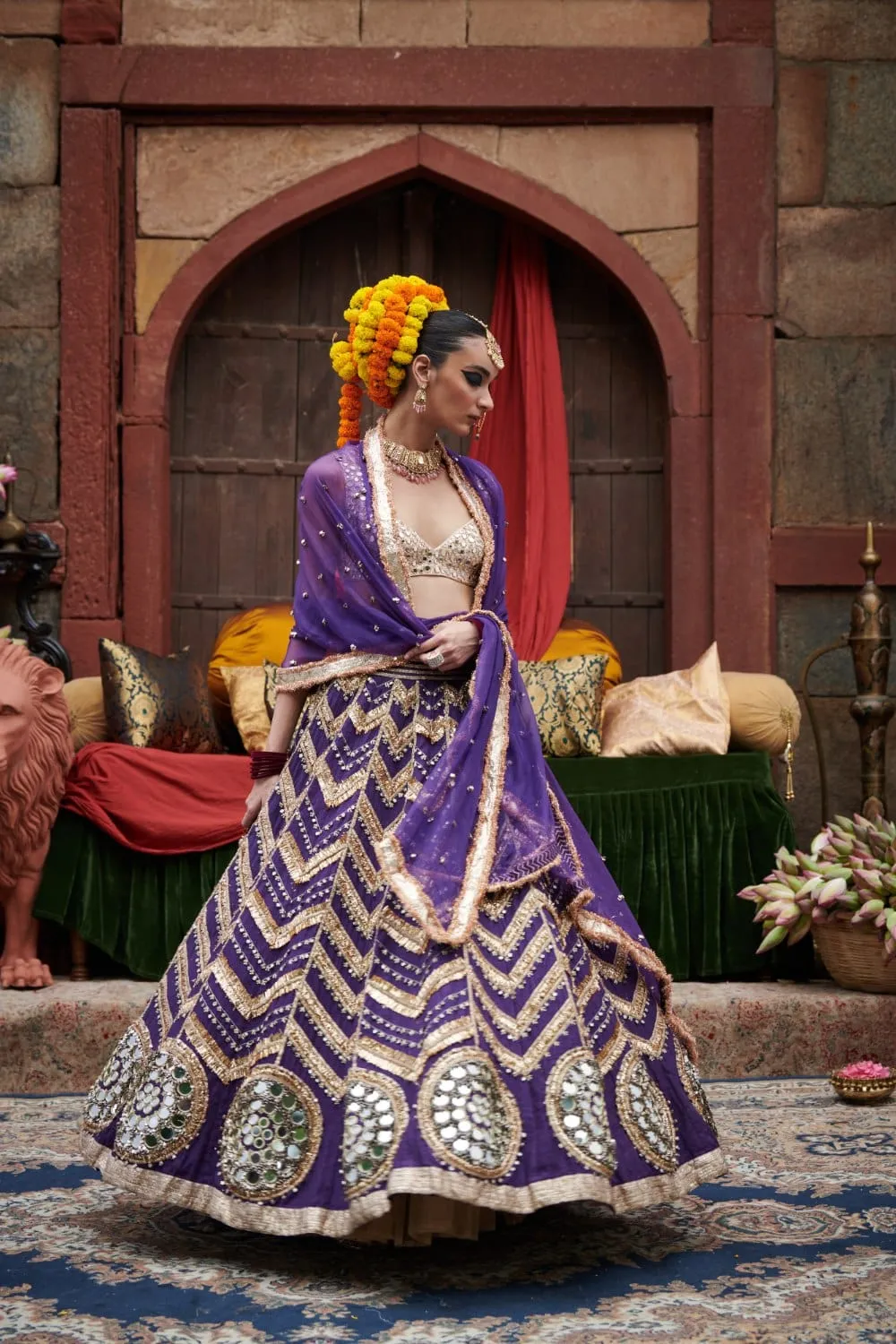 Purple Linen Mirror Embroidered Lehenga Set