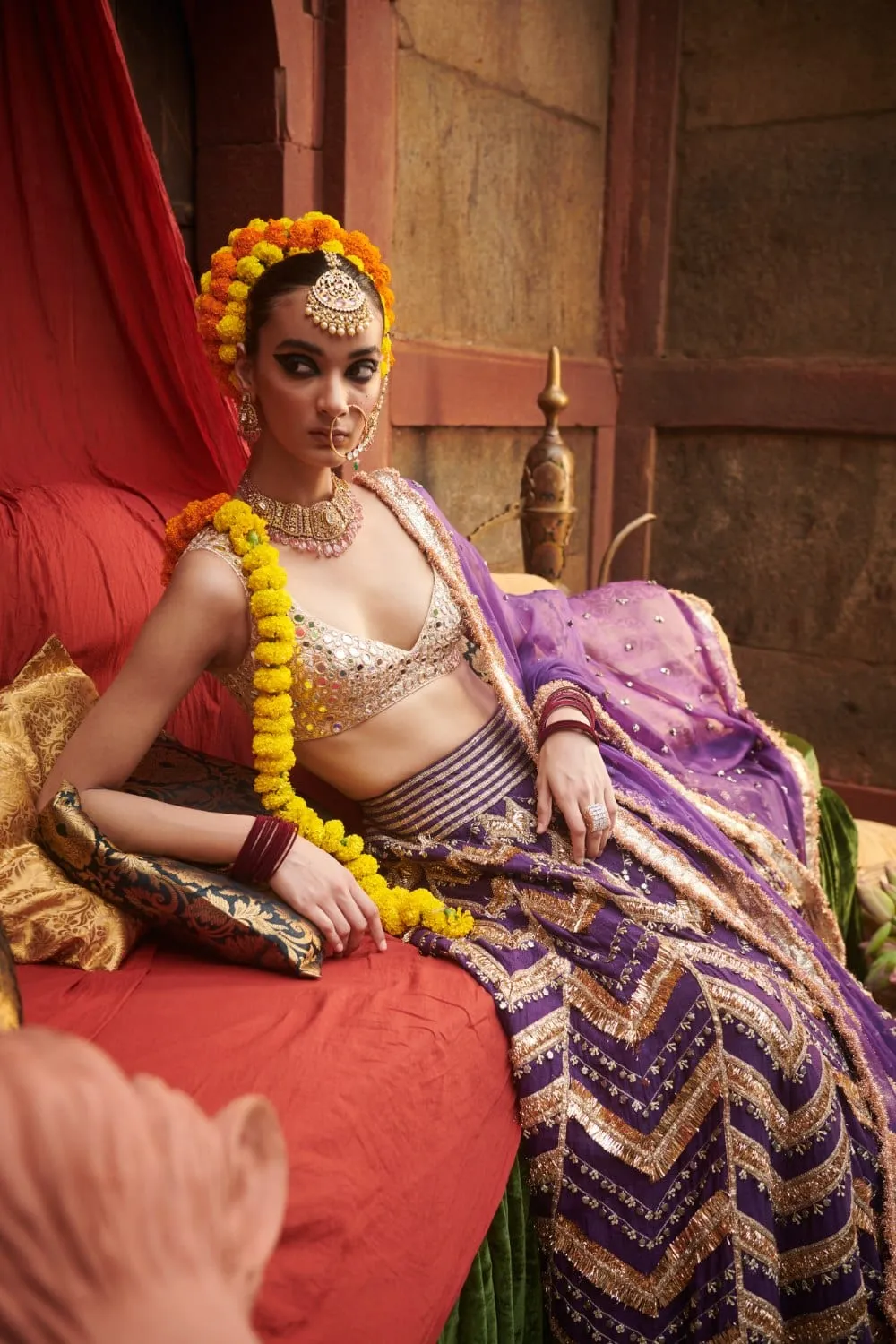Purple Linen Mirror Embroidered Lehenga Set