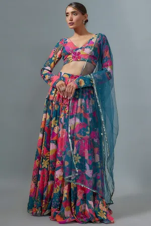 Rama Blue Georgette Digital Printed Lehenga Set