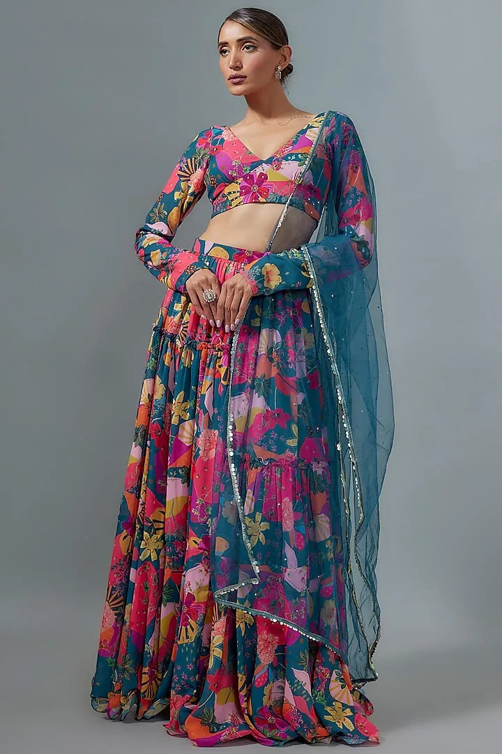 Rama Blue Georgette Digital Printed Lehenga Set
