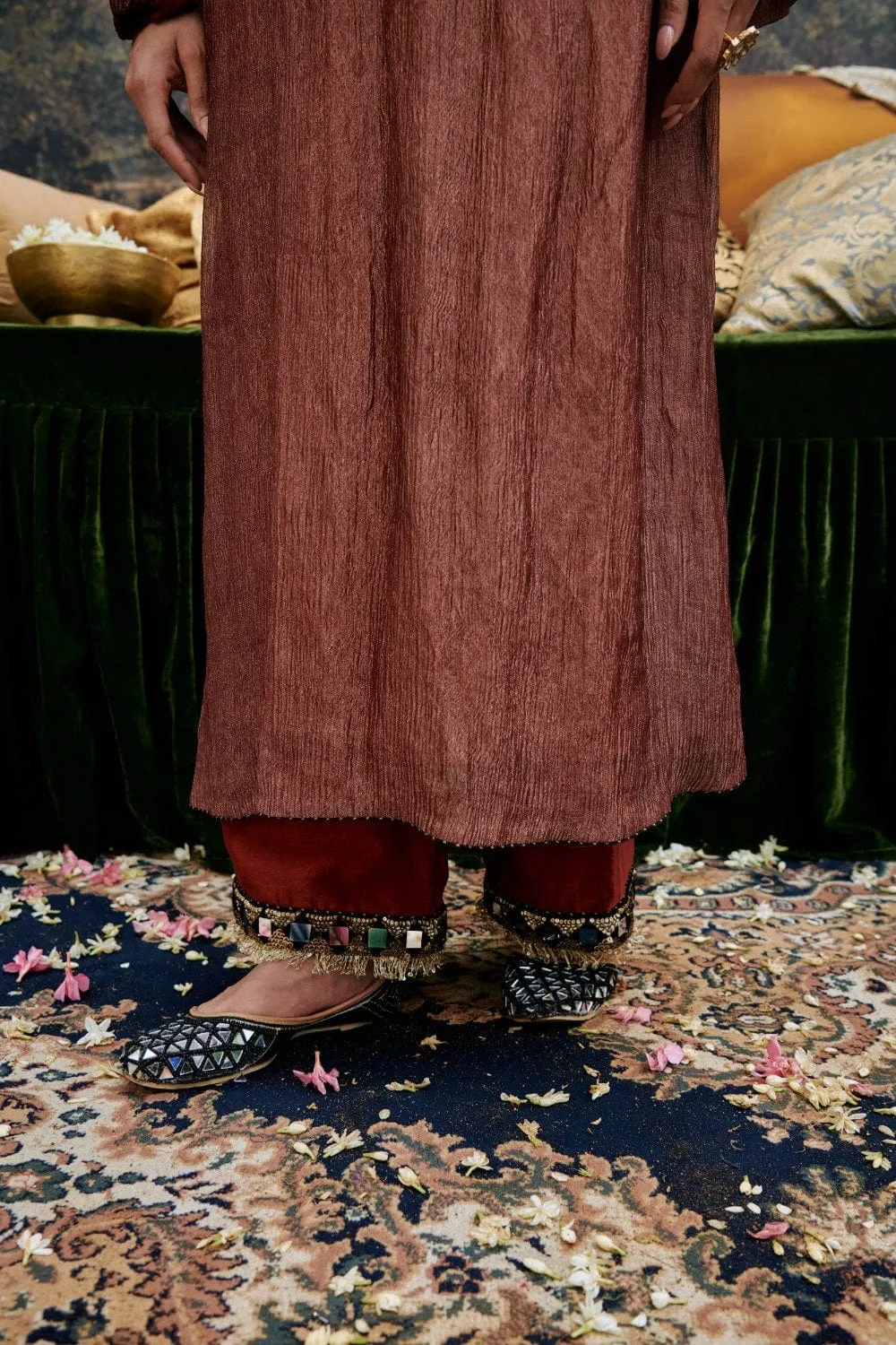 Red Crushed Tissue Mirror Embroidered Kurta Set