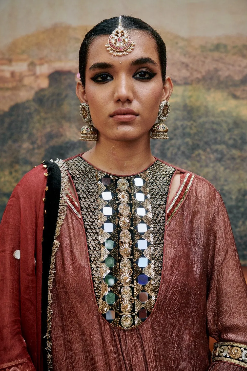 Red Crushed Tissue Mirror Embroidered Kurta Set