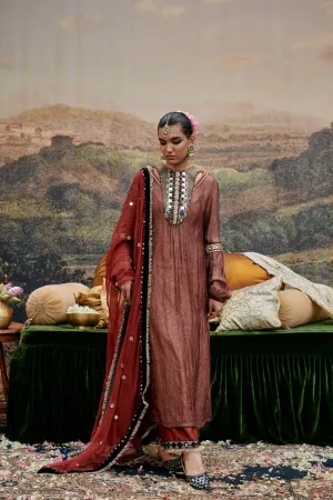 Red Crushed Tissue Mirror Embroidered Kurta Set
