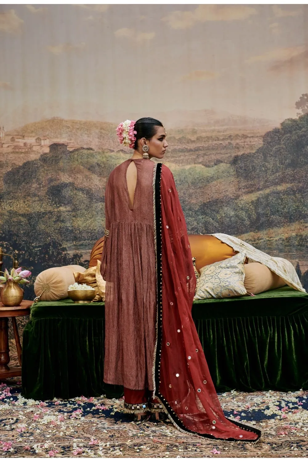 Red Crushed Tissue Mirror Embroidered Kurta Set
