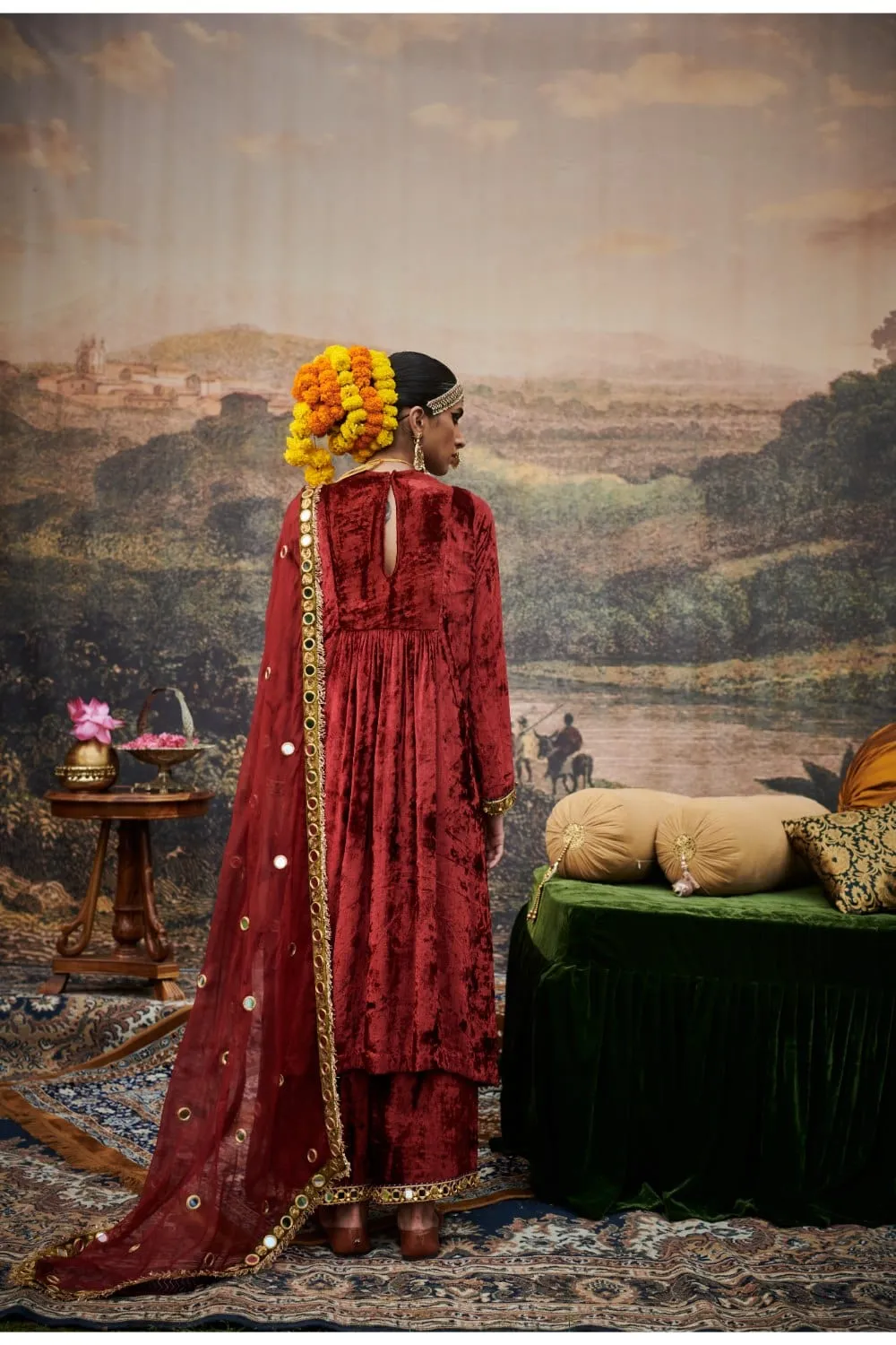 Red Velvet Mirror Embroidered Kurta Set
