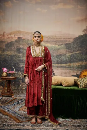 Red Velvet Mirror Embroidered Kurta Set