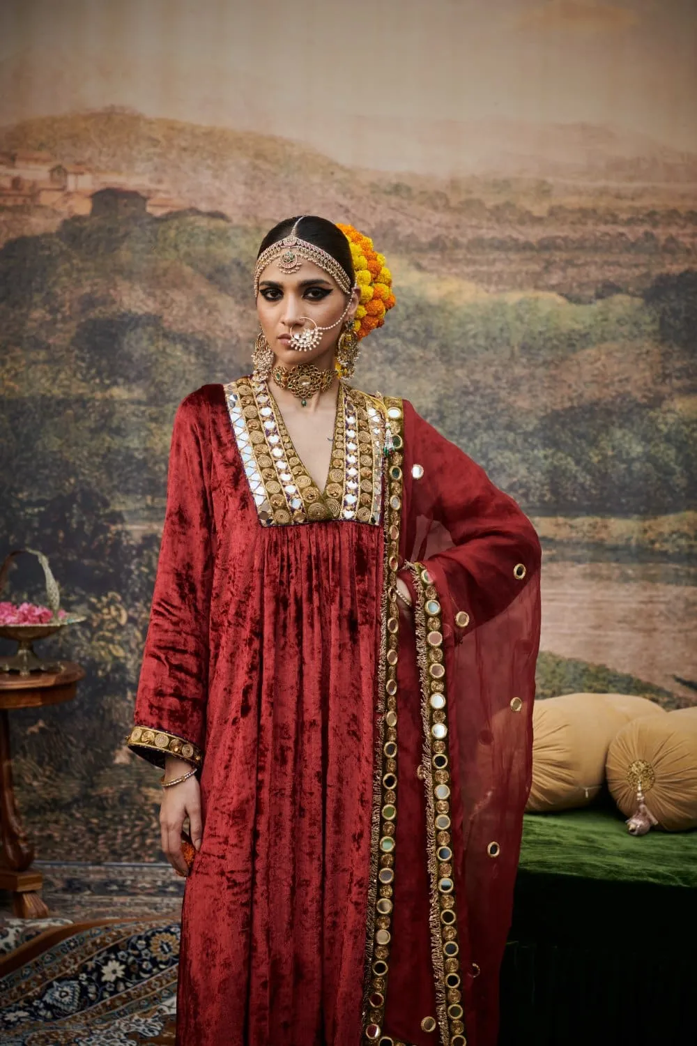 Red Velvet Mirror Embroidered Kurta Set
