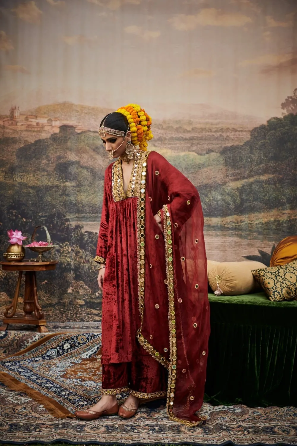 Red Velvet Mirror Embroidered Kurta Set