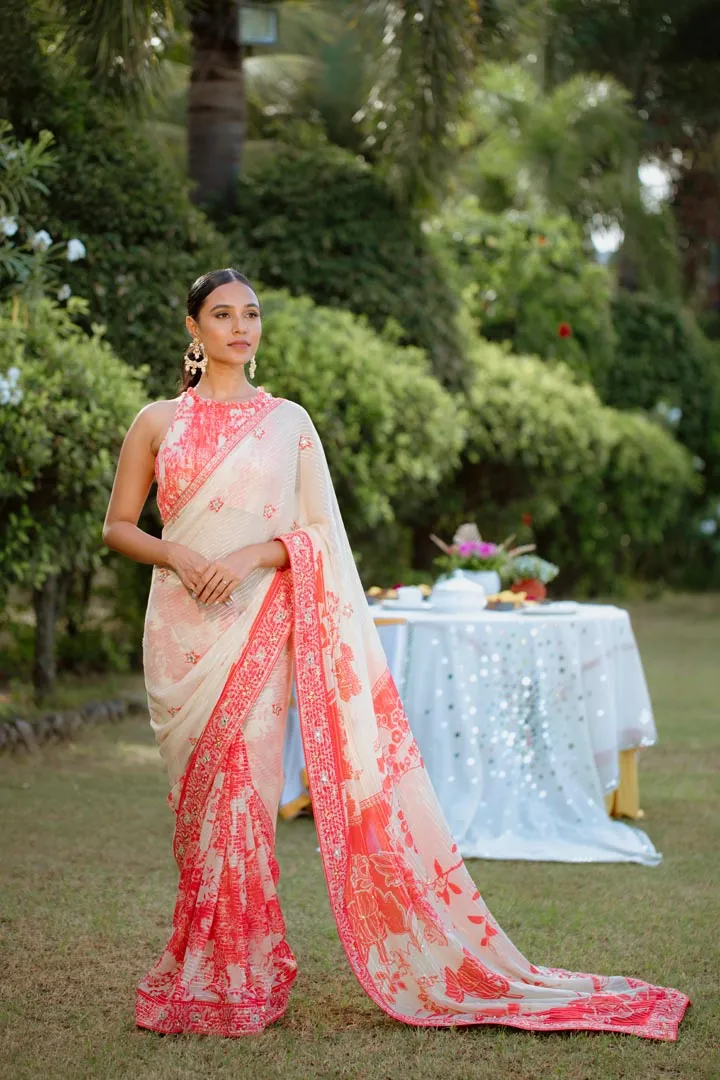Red Viscose Georgette Digital Printed & Embroidered Saree Set