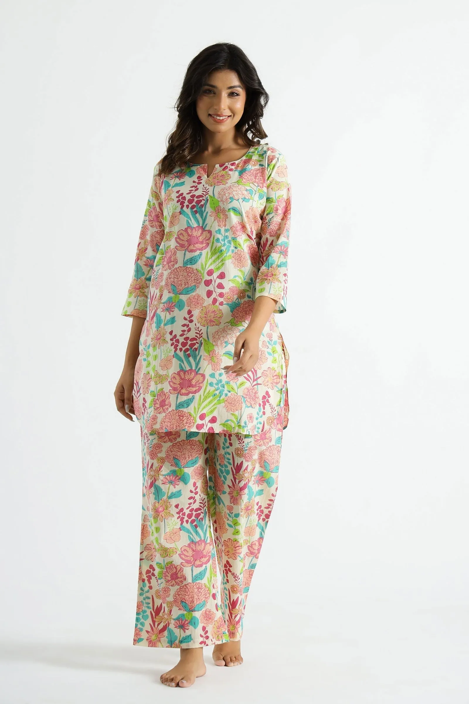 Rheycart Cotton Rayon Printed V Neck 3/4th Sleeve Multicolor Co Ord Set For Women