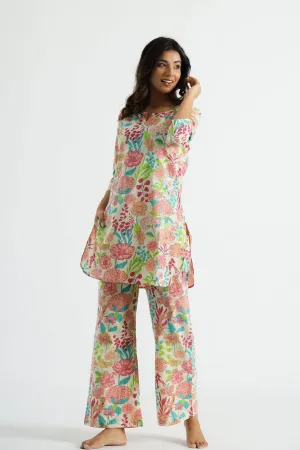 Rheycart Cotton Rayon Printed V Neck 3/4th Sleeve Multicolor Co Ord Set For Women