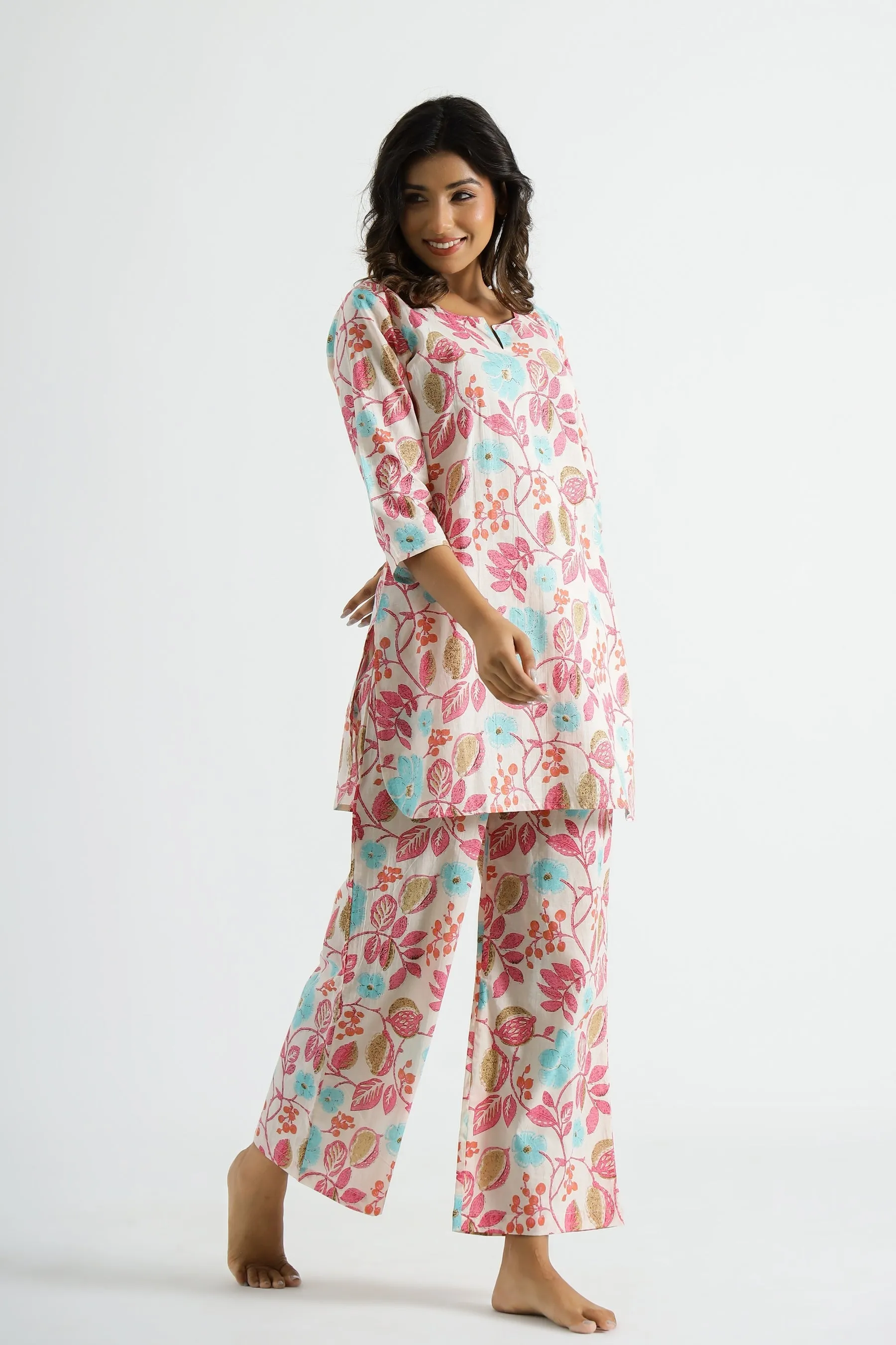 Rheycart Women's Printed V Neck 3/4th Sleeve Multicolor Co Ord Set For Women