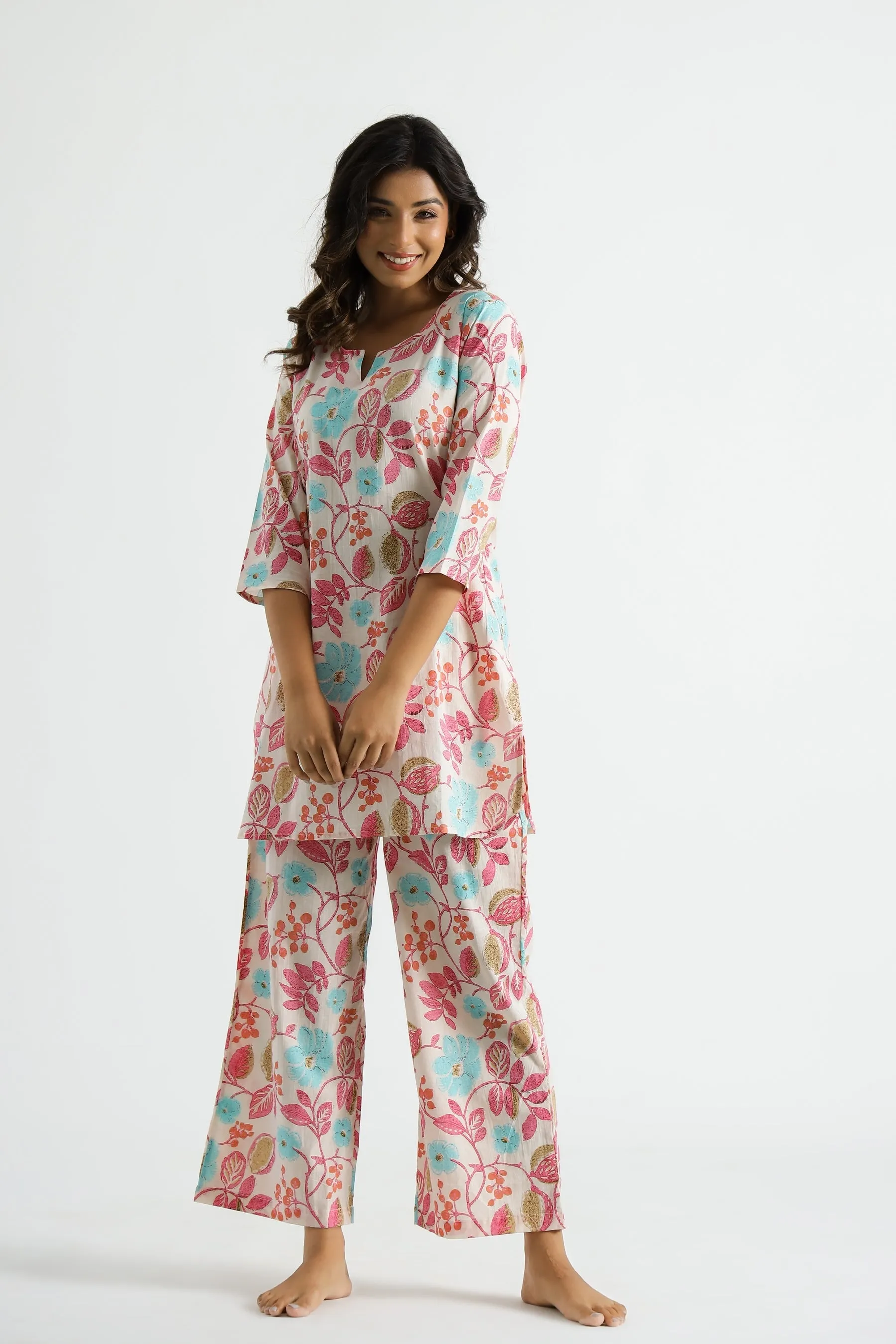 Rheycart Women's Printed V Neck 3/4th Sleeve Multicolor Co Ord Set For Women
