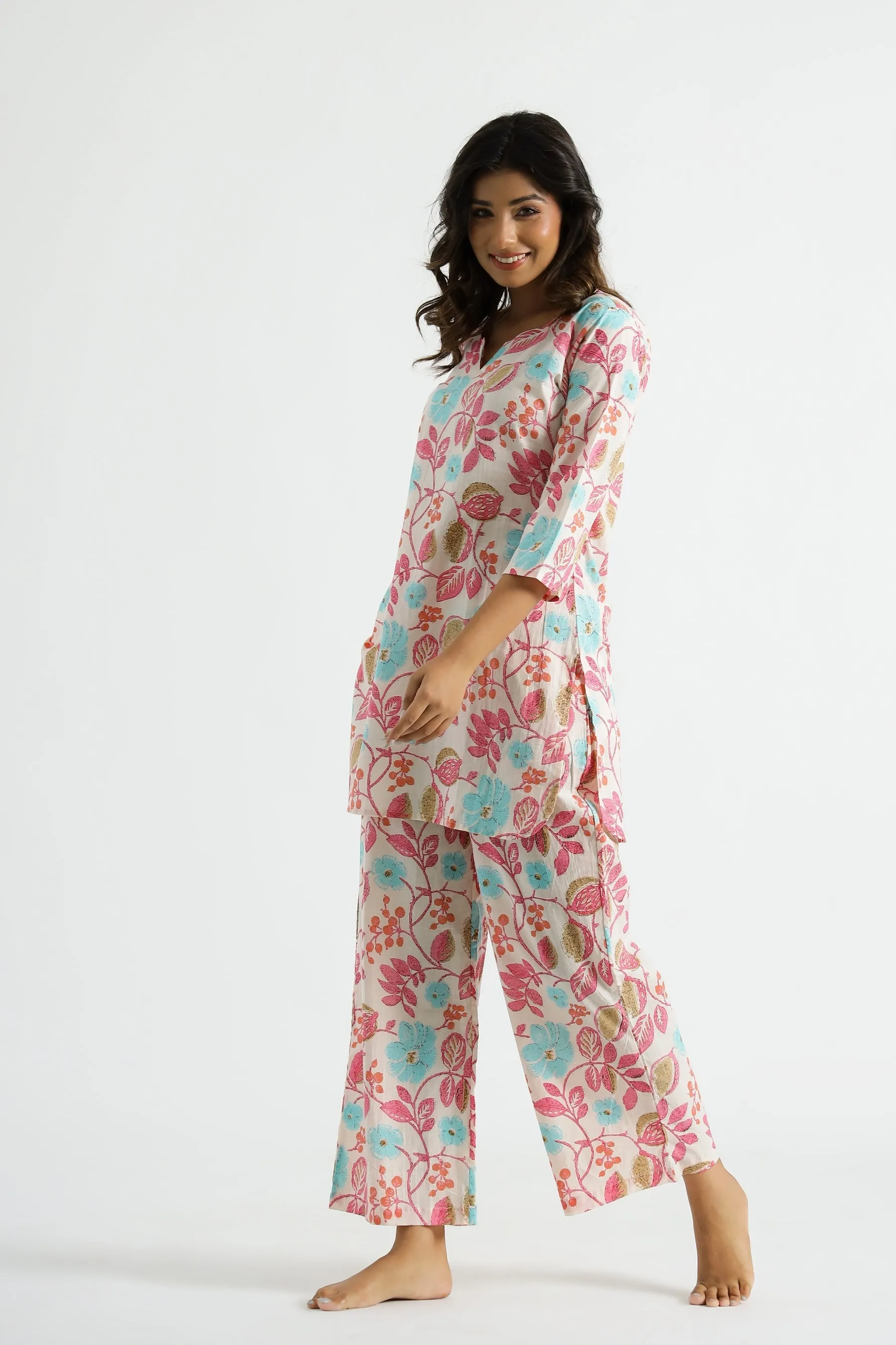 Rheycart Women's Printed V Neck 3/4th Sleeve Multicolor Co Ord Set For Women