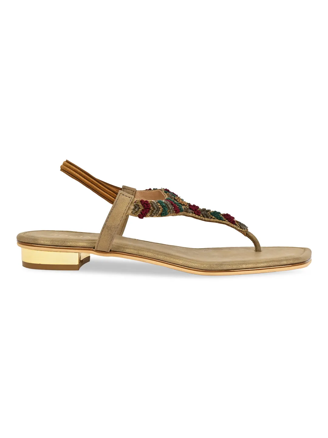 Rocia By Regal Antique Gold Women Casual Embroidered Flat Sandals