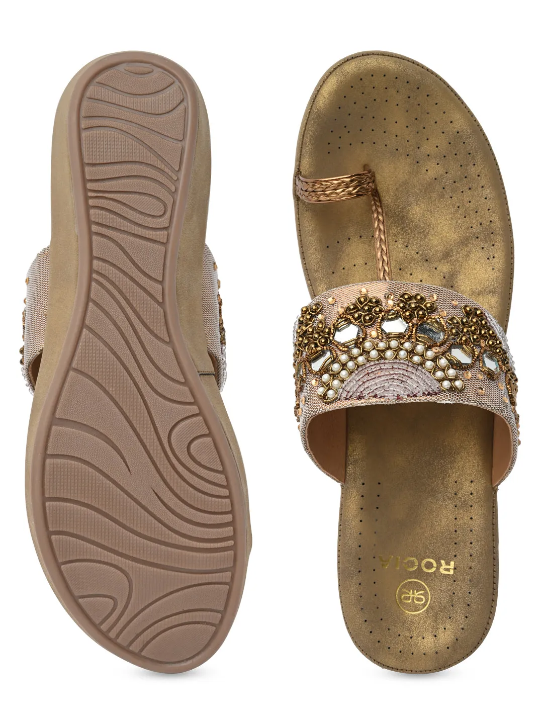 Rocia By Regal Antique Gold Women Embroidered Comfort Flats