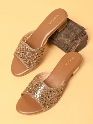 Rocia By Regal Antique Gold Women Fancy Mesh Studded Block Heels