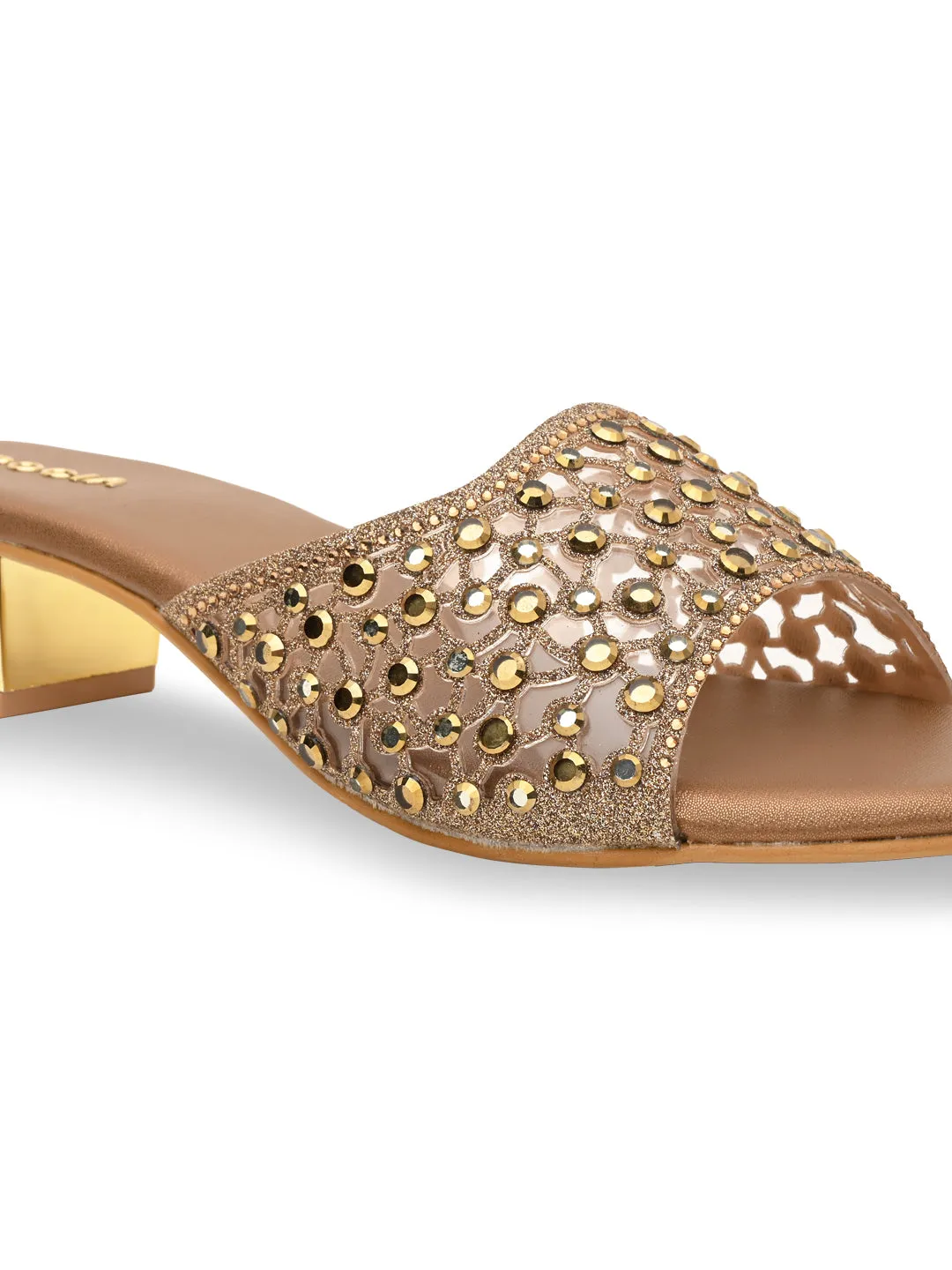 Rocia By Regal Antique Gold Women Fancy Mesh Studded Block Heels