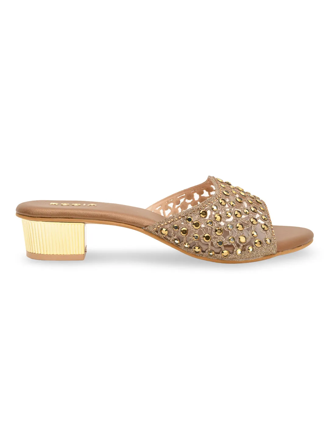 Rocia By Regal Antique Gold Women Fancy Mesh Studded Block Heels