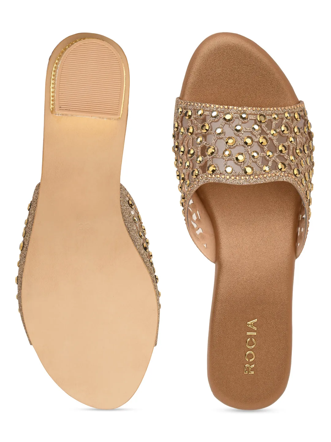 Rocia By Regal Antique Gold Women Fancy Mesh Studded Block Heels