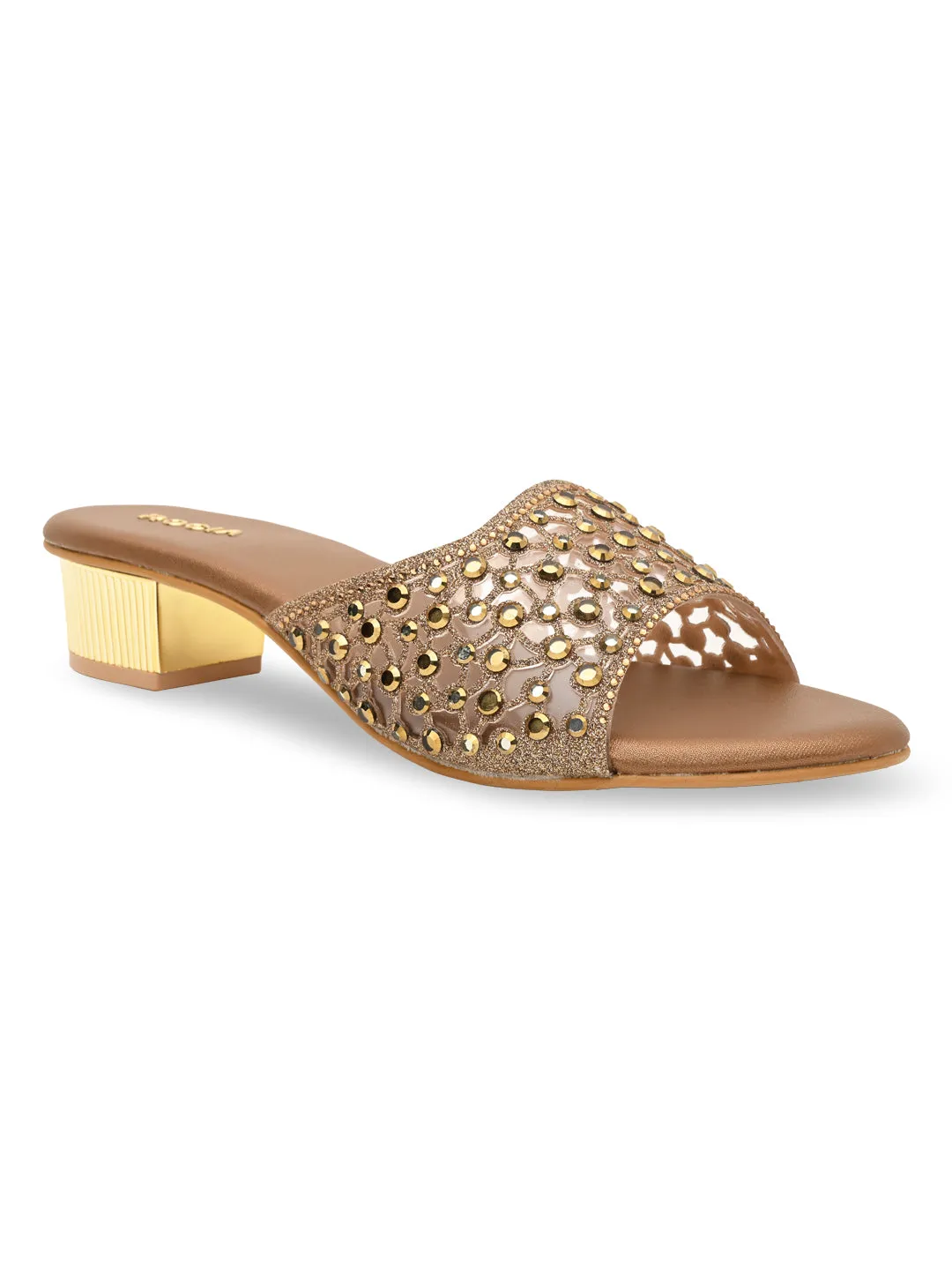 Rocia By Regal Antique Gold Women Fancy Mesh Studded Block Heels