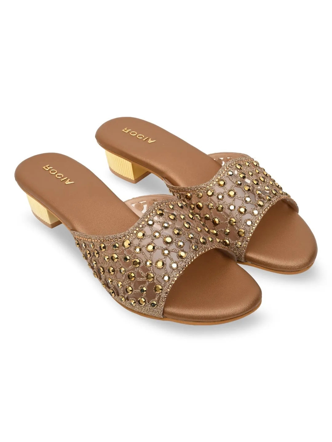 Rocia By Regal Antique Gold Women Fancy Mesh Studded Block Heels