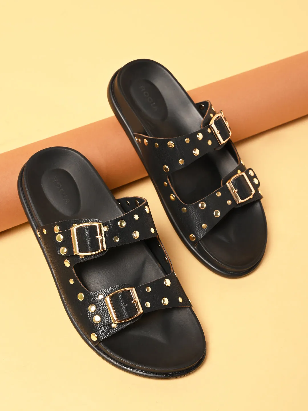 Rocia By Regal Black Women Gold Studded Flats