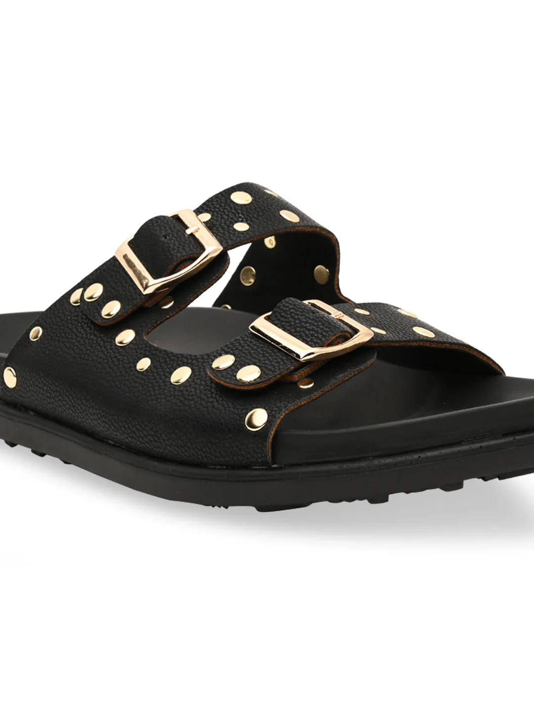 Rocia By Regal Black Women Gold Studded Flats