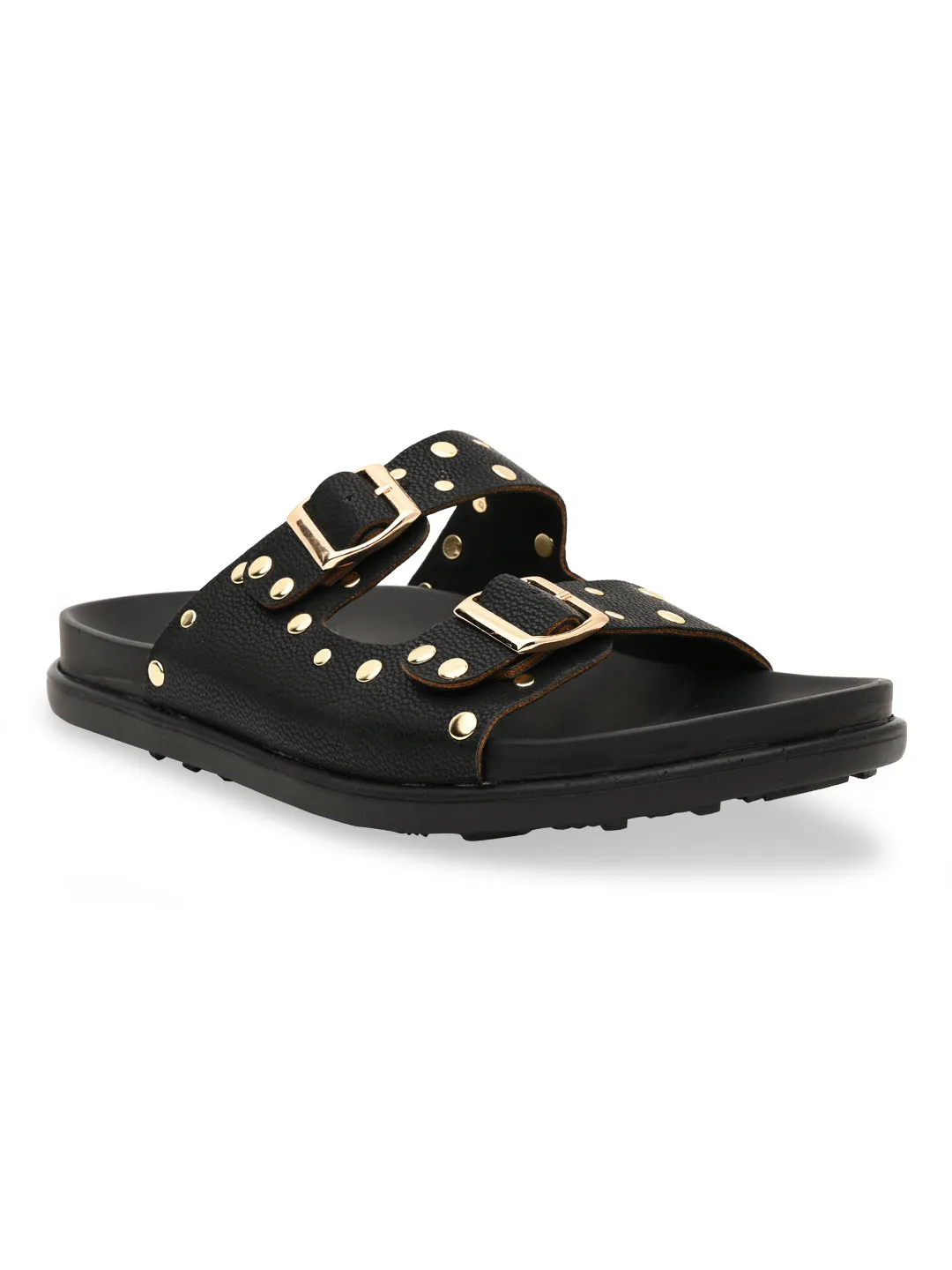Rocia By Regal Black Women Gold Studded Flats