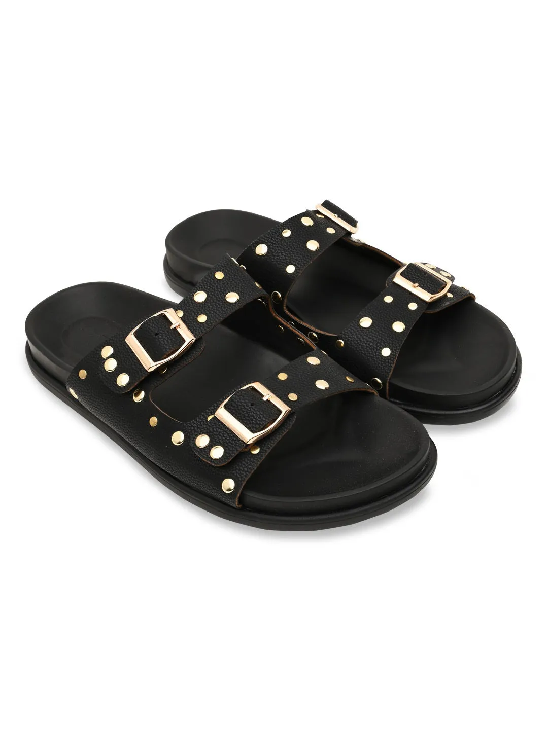 Rocia By Regal Black Women Gold Studded Flats