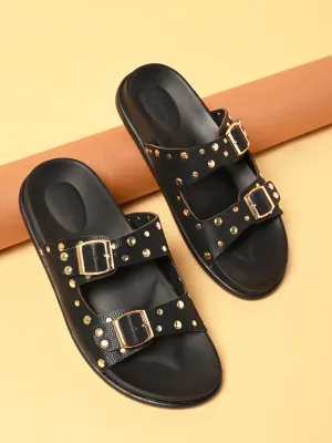 Rocia By Regal Black Women Gold Studded Flats