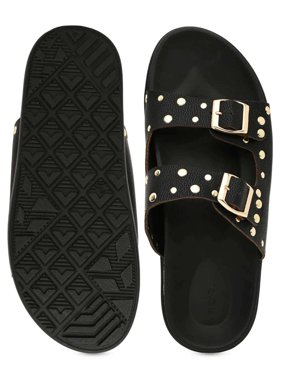 Rocia By Regal Black Women Gold Studded Flats