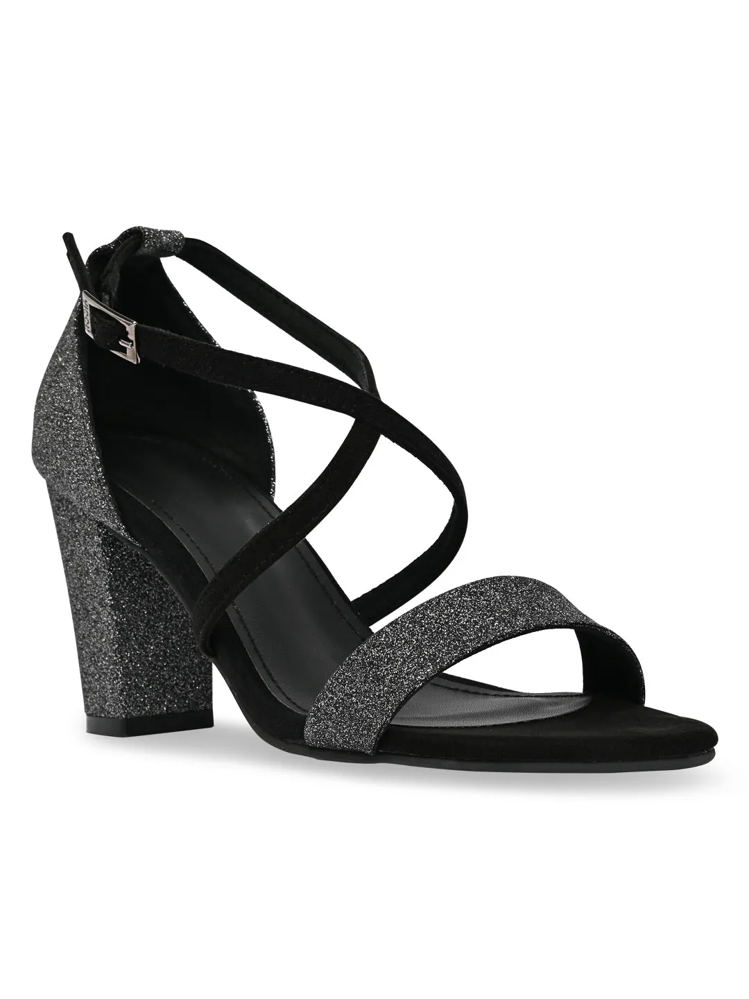 Rocia By Regal Black Women Shimmery Ankle Strap Block Heels