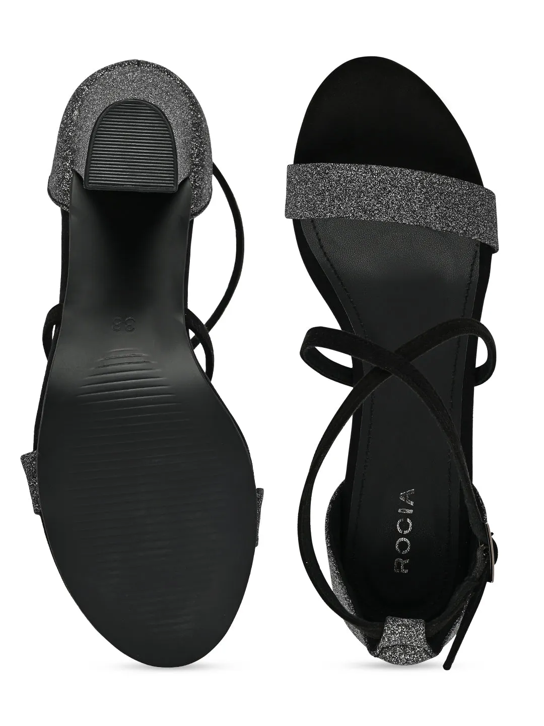 Rocia By Regal Black Women Shimmery Ankle Strap Block Heels