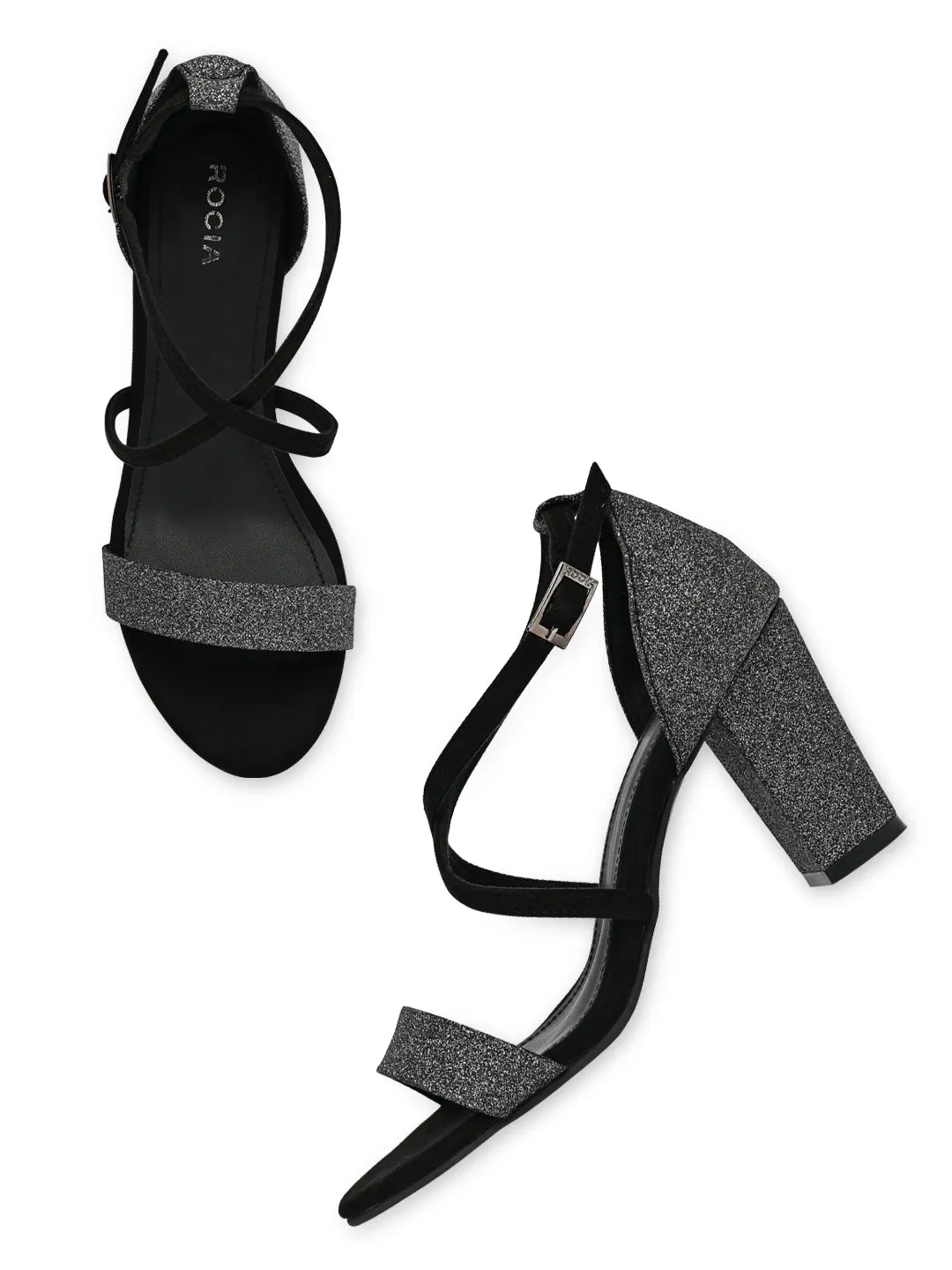 Rocia By Regal Black Women Shimmery Ankle Strap Block Heels