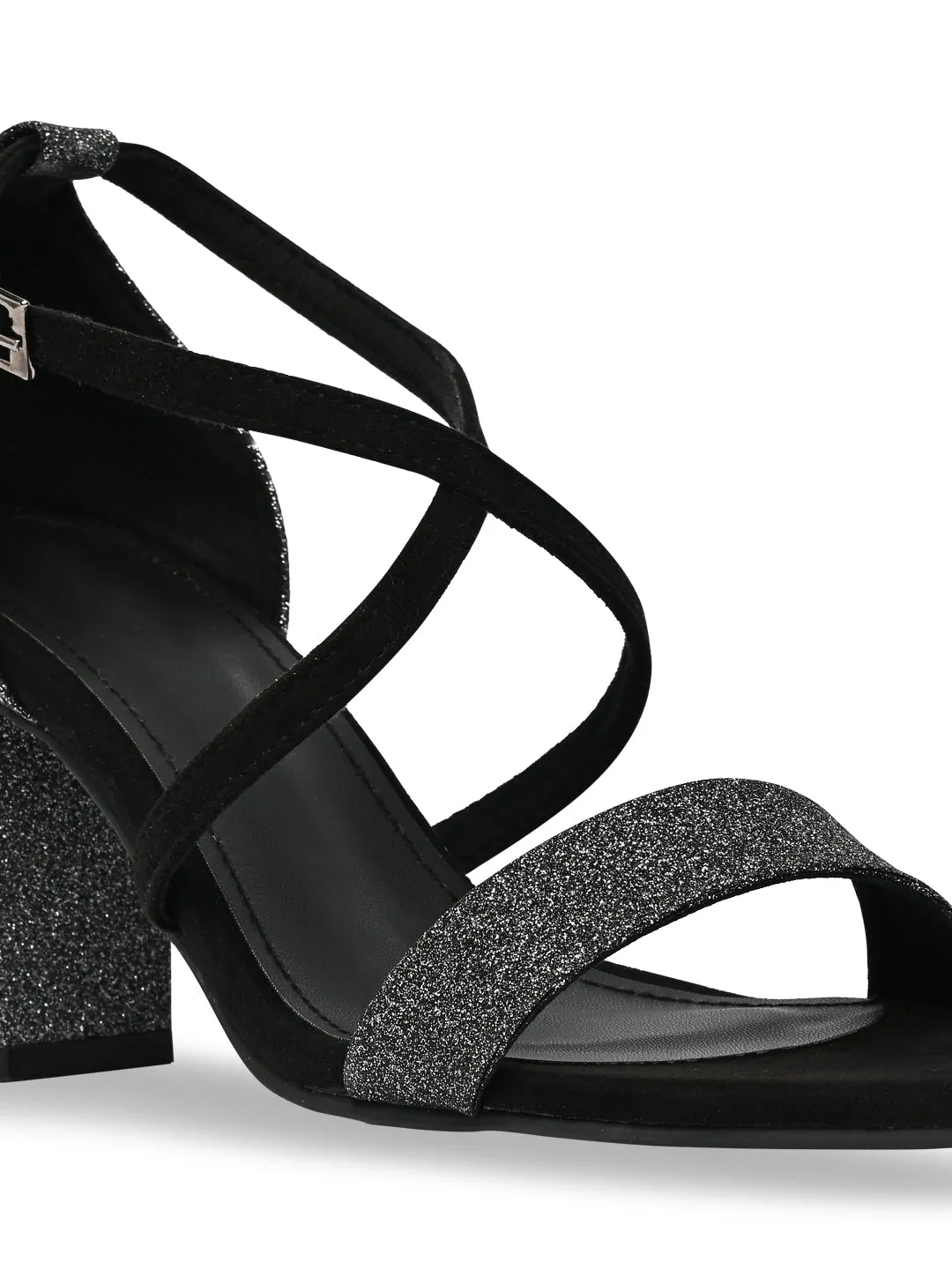 Rocia By Regal Black Women Shimmery Ankle Strap Block Heels