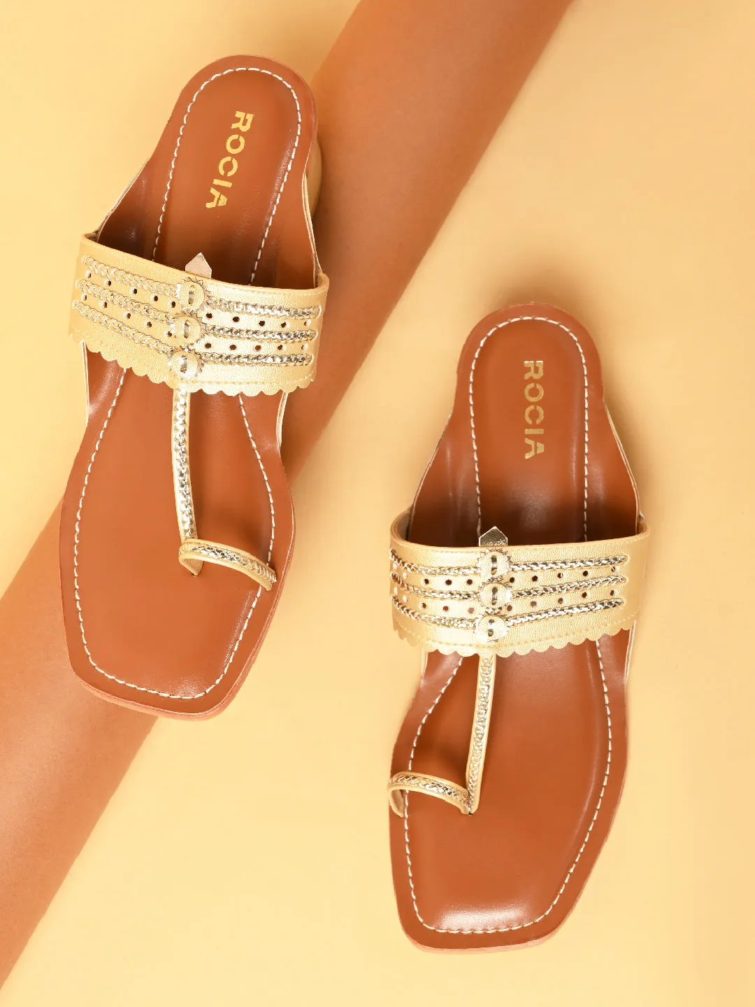 Rocia By Regal Gold Women Block Heel Kolhapuris
