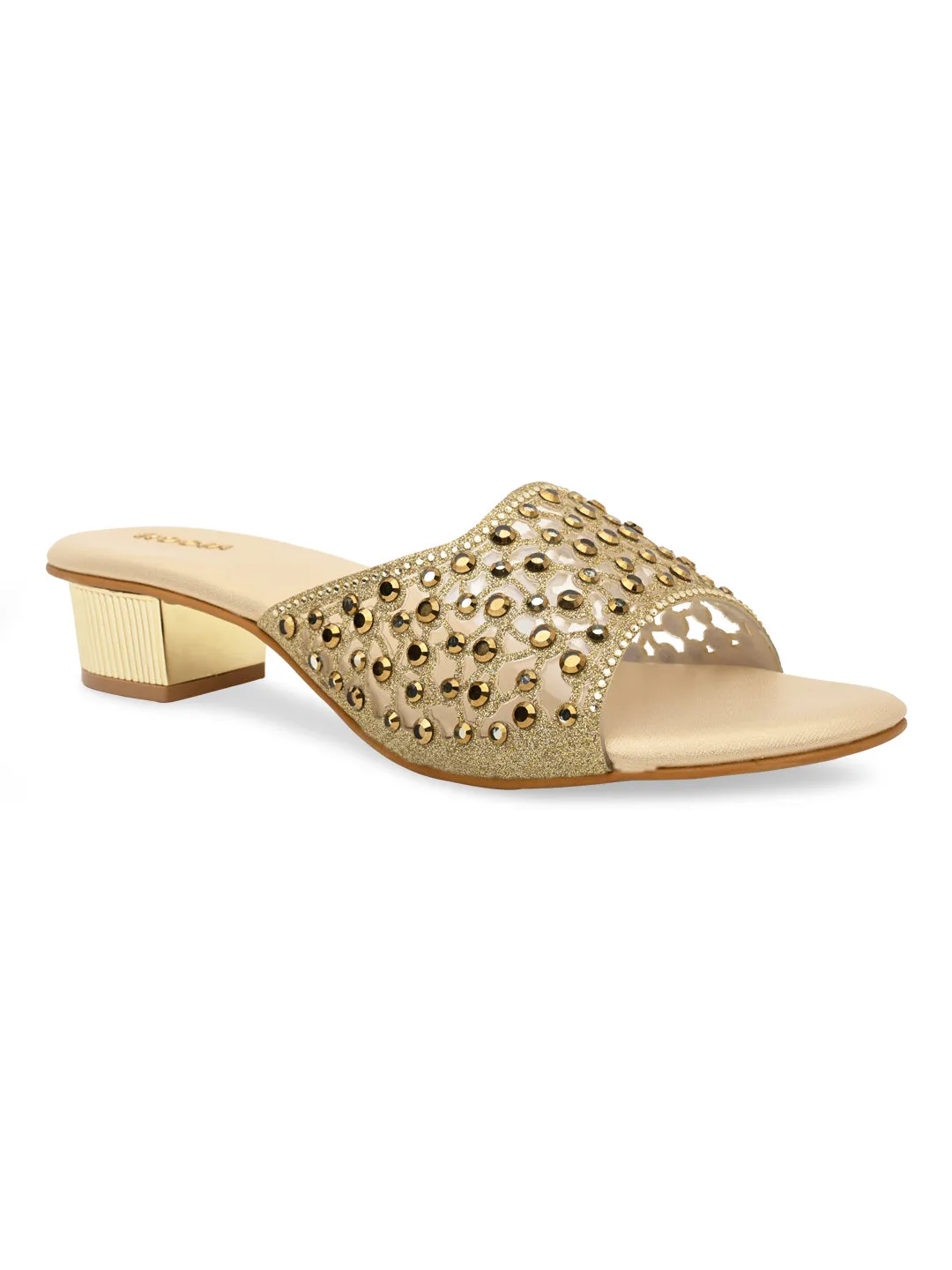 Rocia By Regal Gold Women Fancy Mesh Studded Block Heels