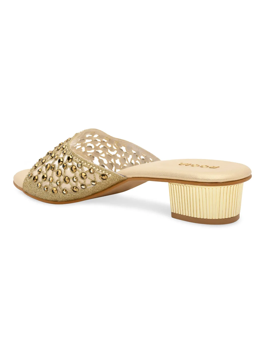 Rocia By Regal Gold Women Fancy Mesh Studded Block Heels