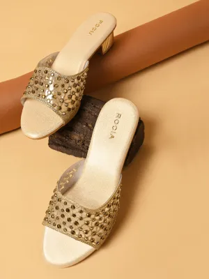 Rocia By Regal Gold Women Fancy Mesh Studded Block Heels
