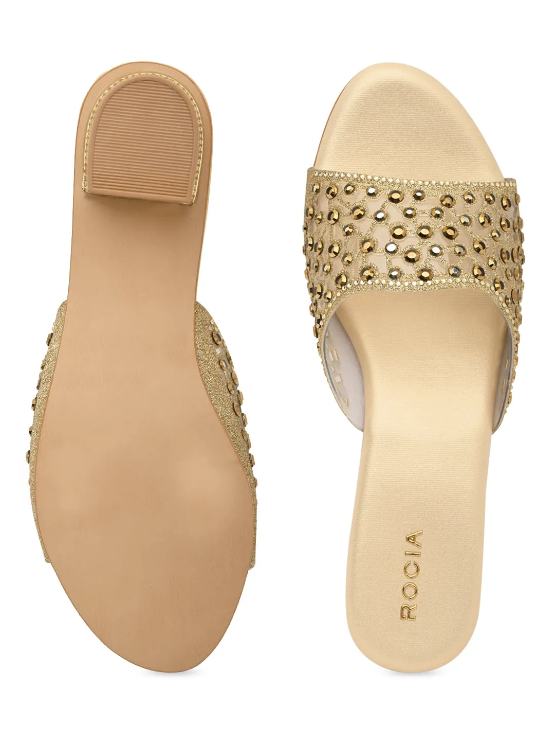 Rocia By Regal Gold Women Fancy Mesh Studded Block Heels