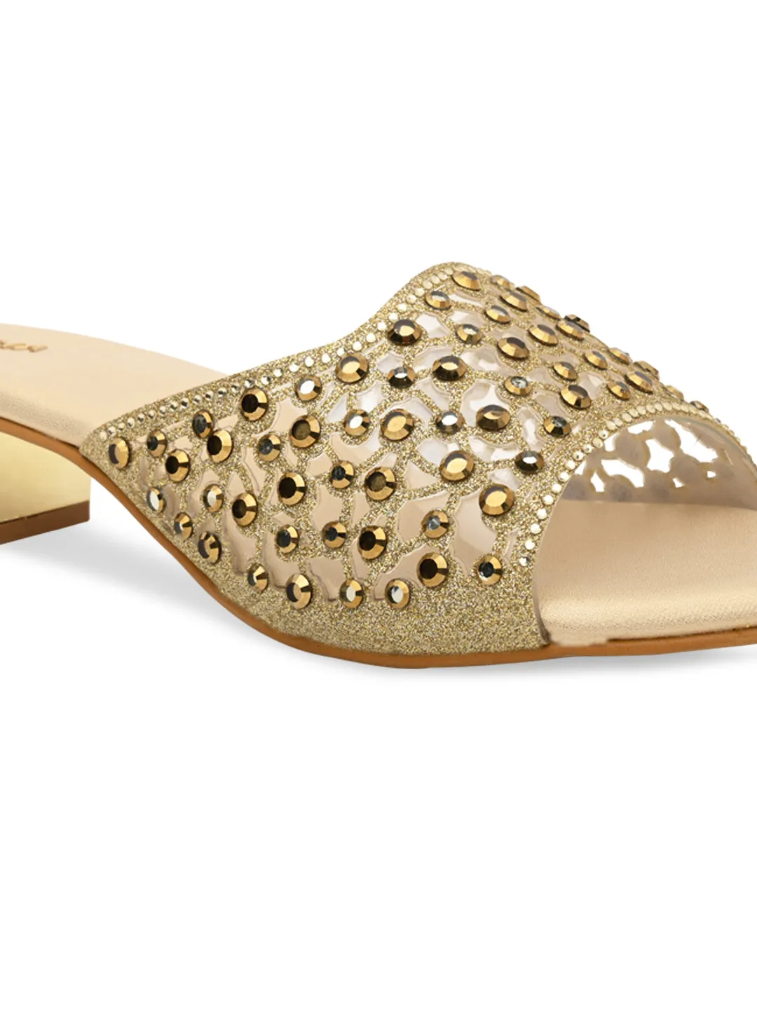 Rocia By Regal Gold Women Fancy Mesh Studded Block Heels