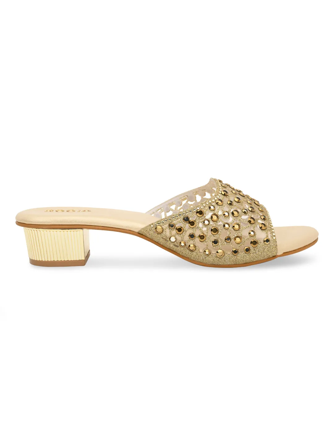 Rocia By Regal Gold Women Fancy Mesh Studded Block Heels