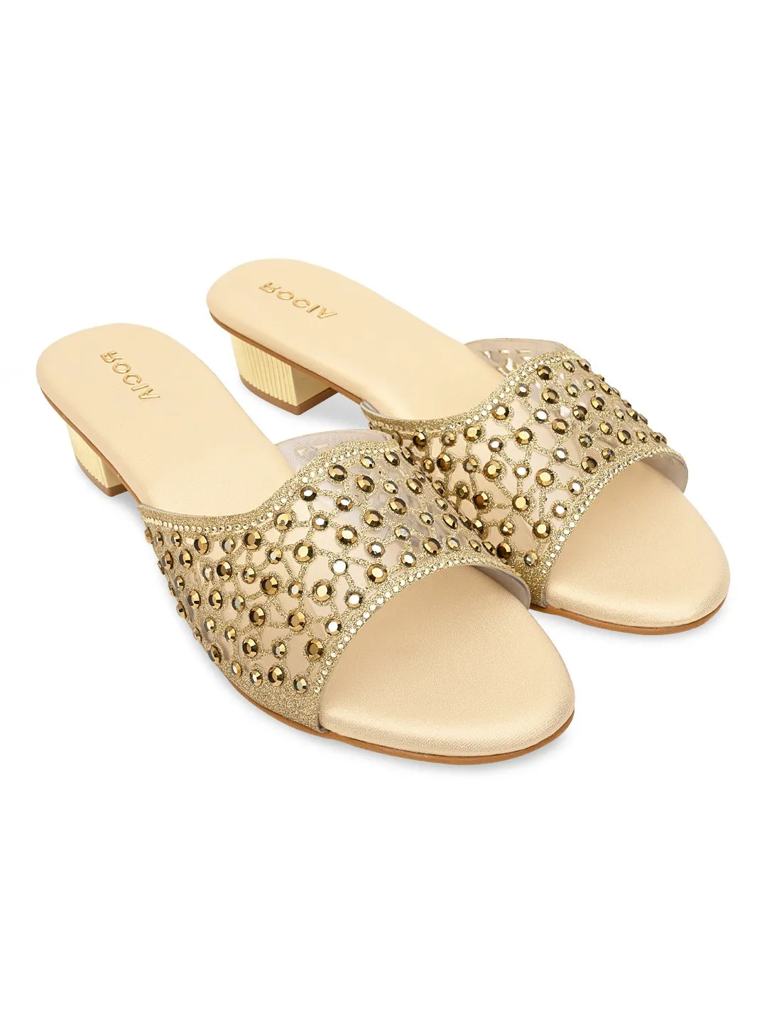 Rocia By Regal Gold Women Fancy Mesh Studded Block Heels