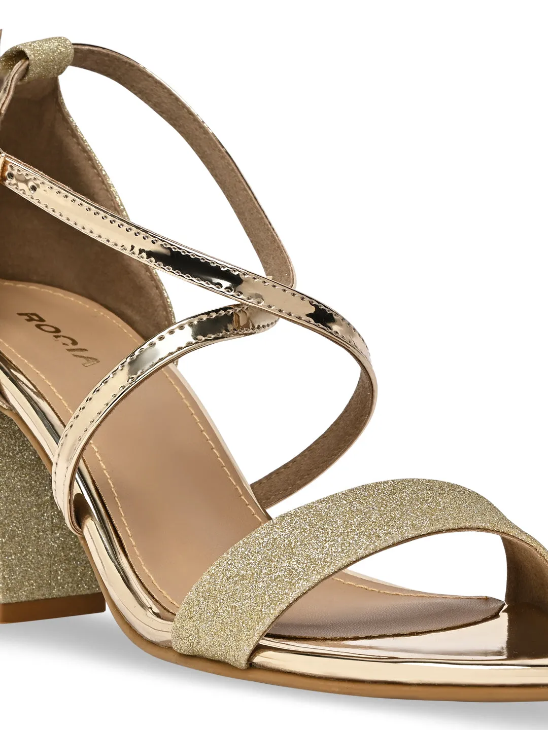 Rocia By Regal Gold Women Shimmery Ankle Strap Block Heels