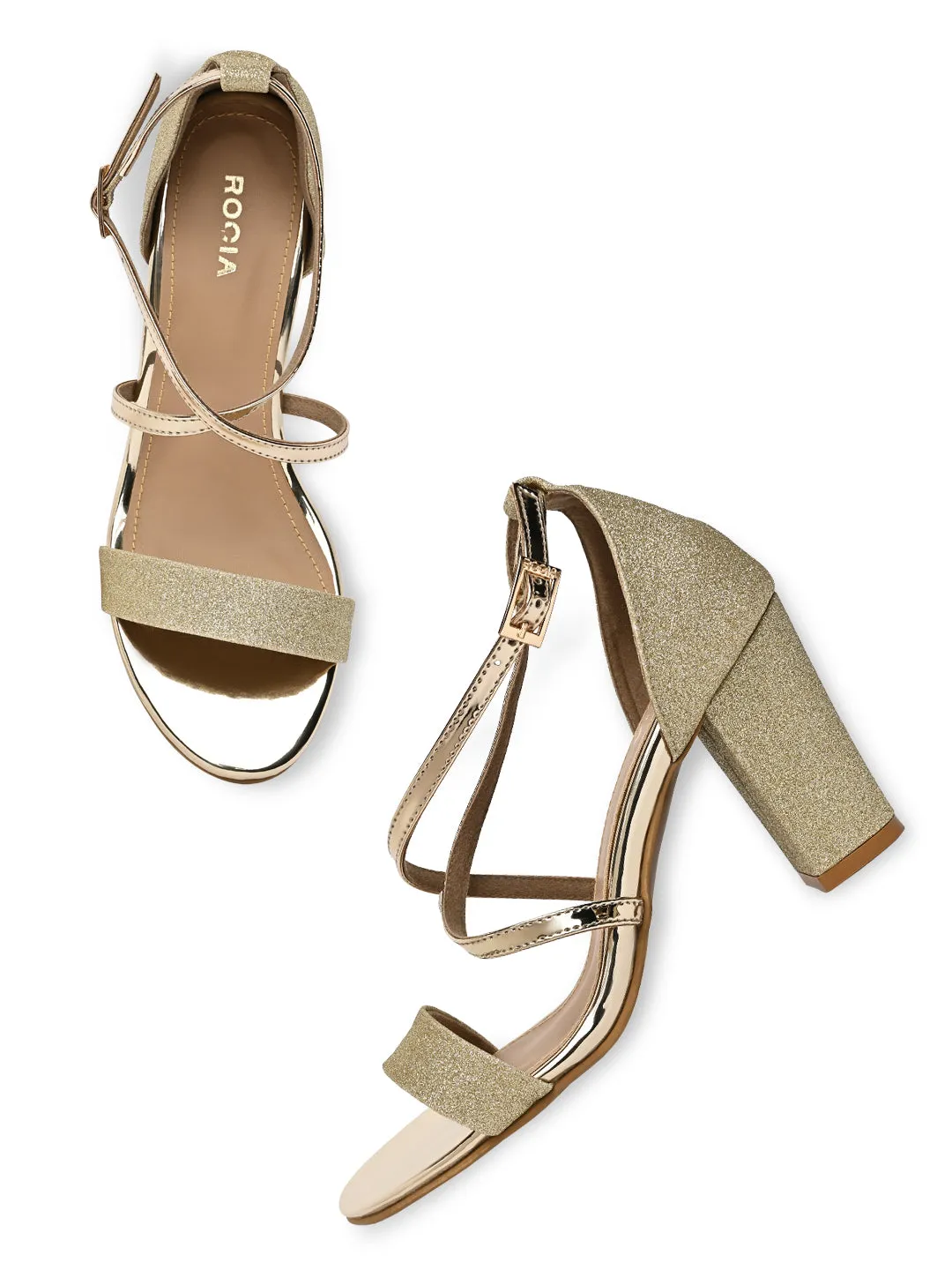 Rocia By Regal Gold Women Shimmery Ankle Strap Block Heels