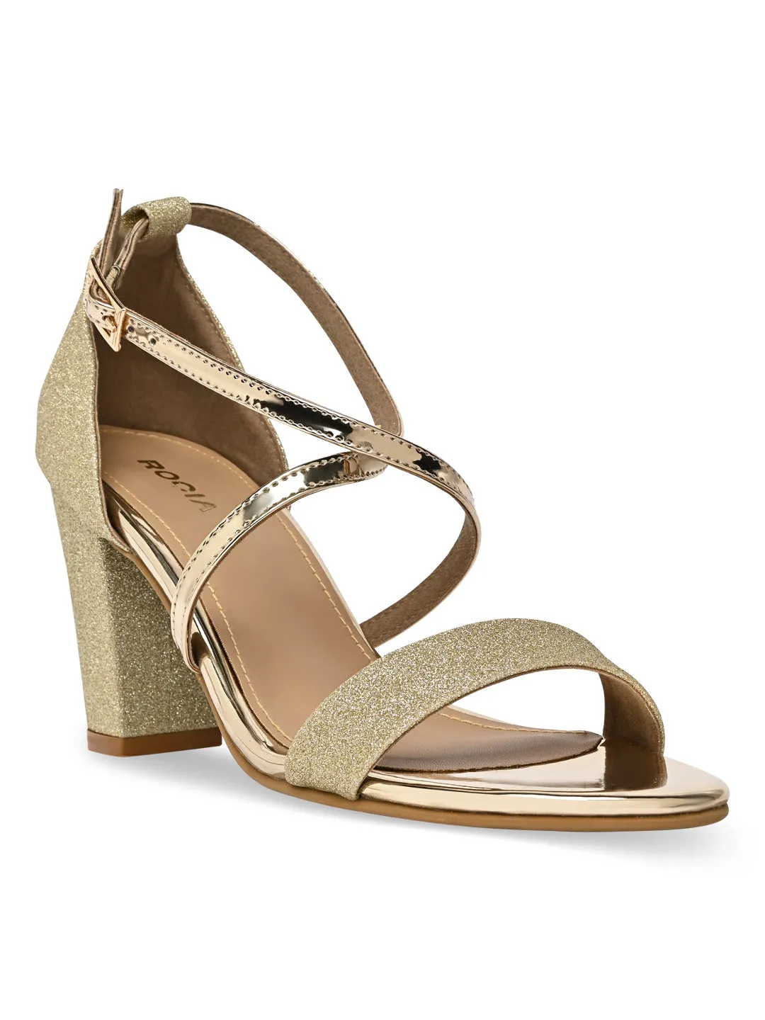 Rocia By Regal Gold Women Shimmery Ankle Strap Block Heels