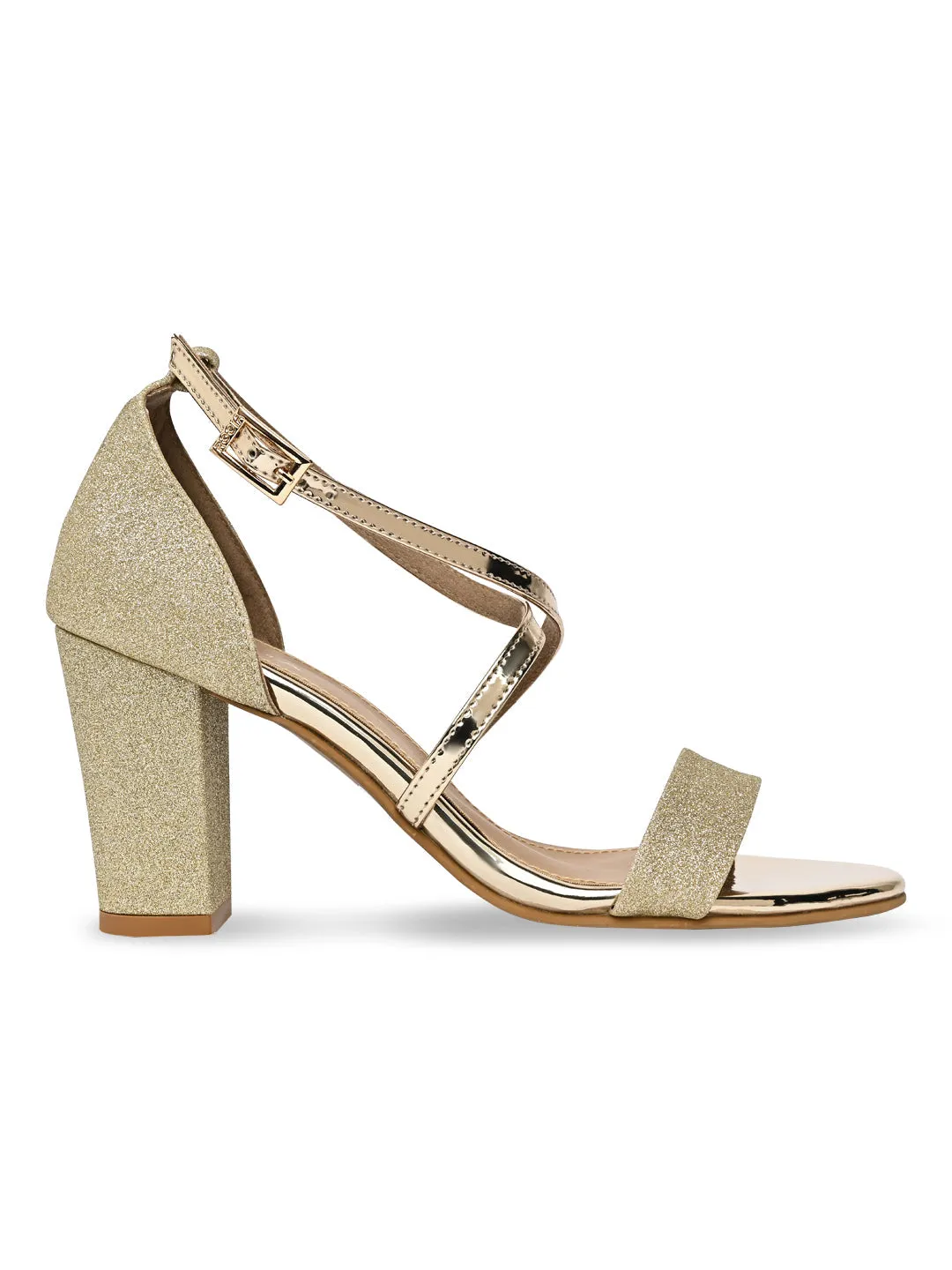 Rocia By Regal Gold Women Shimmery Ankle Strap Block Heels